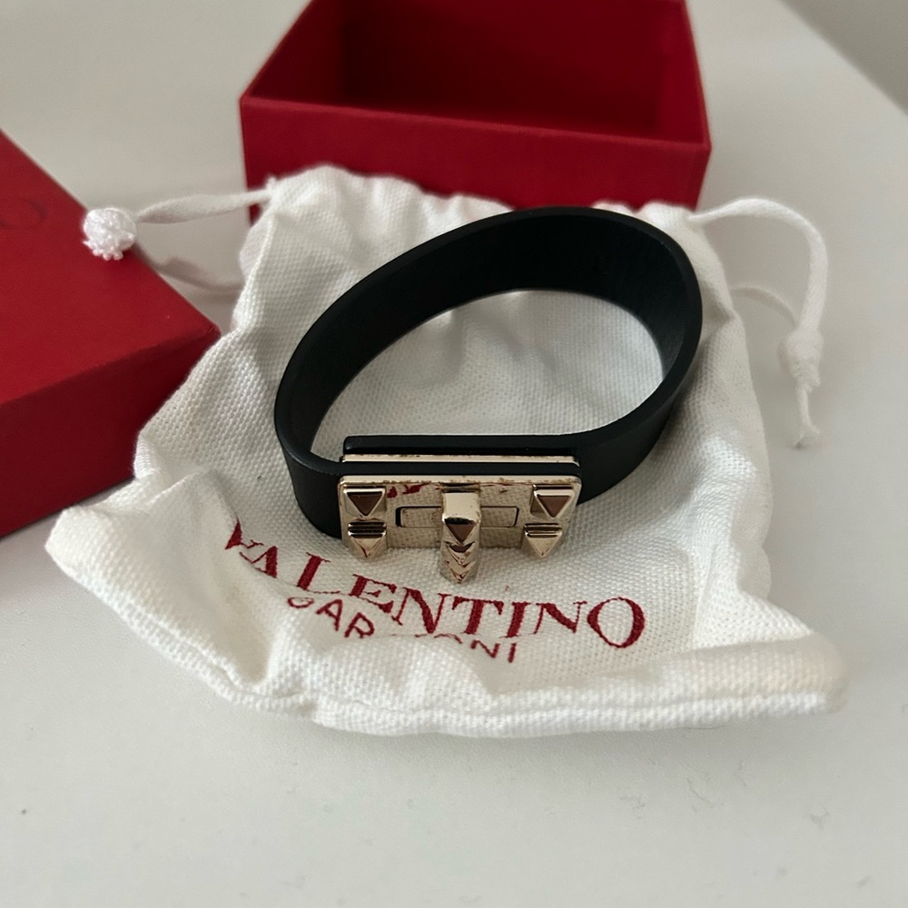 Valentino Black Leather Bracelet with Gold Hardware